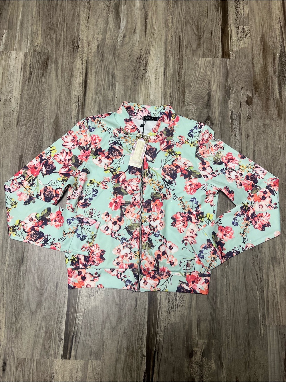 Boohoo Alicia Floral Pastel Bomber Jacket NWT Mint Green US 10 UK 14